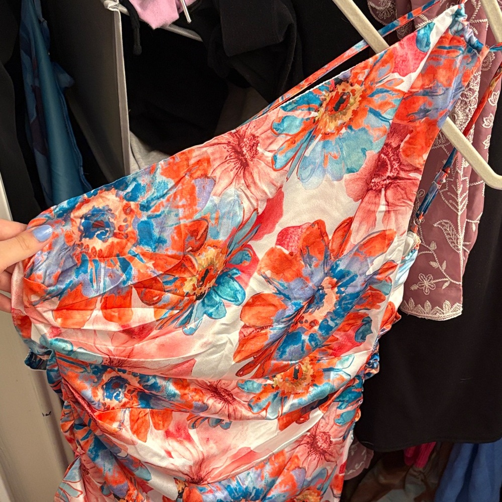 Hello Molly Coral & Turquoise Floral One-Shoulder Dress